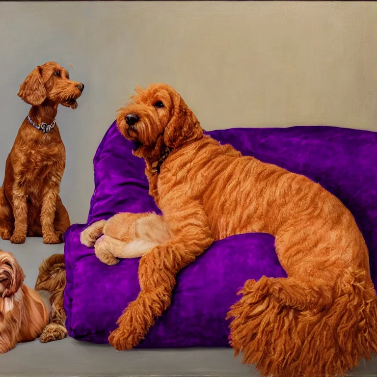 Image similar to a portrait of a royal throne flanked by an orange tabby sitting on a floating purple pillow to the left and a brown goldendoodle sitting on a floating purple pillow to the right, oil on canvas, soft lighting, 8 k