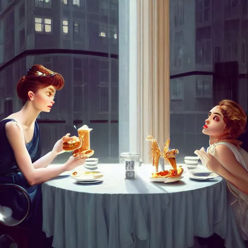 Image similar to holly golightly with michael mcintyre having breakfast in a tiffany's shop, anatomy, bathed in light, highly detailed, photorealistic, artstation, smooth, sharp focus, illustration, unreal engine 5, 8 k, art by artgerm and greg rutkowski and edgar maxence