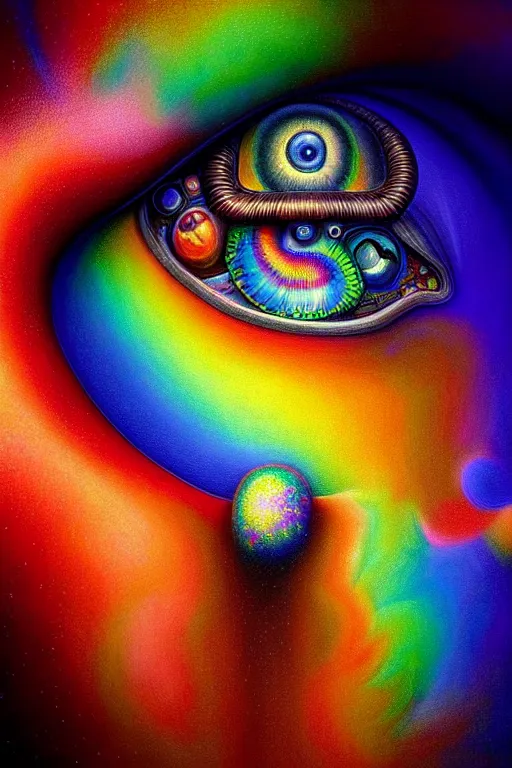 Image similar to hyperrealistic abstract close-up Renaissance psychedelic!! celestial happy! pure creature!! peaceful! kind spirit of nature! beautiful fractal!! eyes! highly detailed concept art eric zener elson peter cinematic hard rainbow lighting high angle hd 8k sharp shallow depth of field endless, inspired by Zdzisław Beksiński Salvador Dali