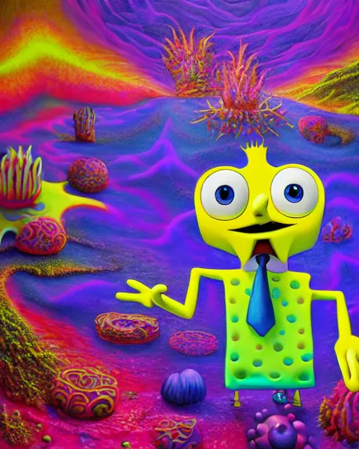 Prompt: portrait ultra dimensional spongebob squarepants entity, accidentally tripping on dmt and acid, psychedelic experience, overwhelming psychosis of self realization and burning awakening, ultra high definition, unreal engine 5, hyperrealism, masterpiece composition, by casey weldon, barclay shaw 8 k photorealistic