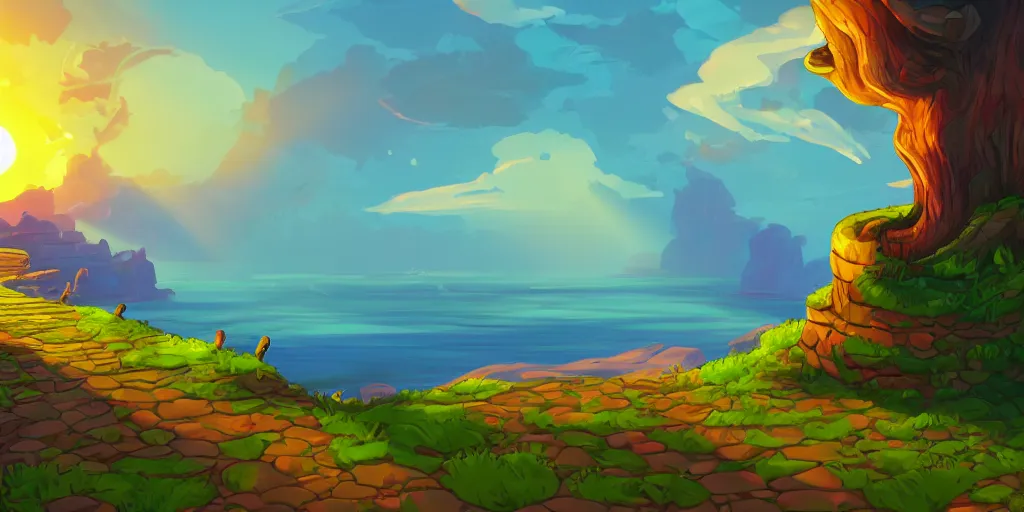 Prompt: a lonely cobblestone street with a tree on a cliff over the sea at sunset, brightly illuminated by rays of sun, artstation, colorful peter chan illustration, day of the tentacle style, low camera angle