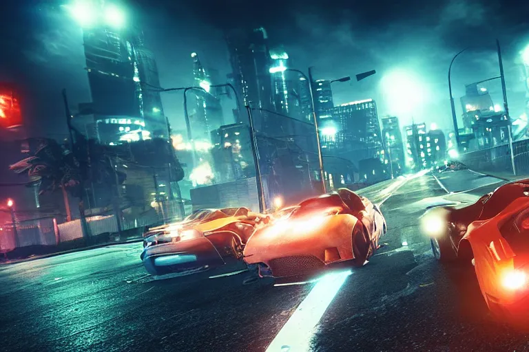 Prompt: fast and furious film still, racing on a post apocalyptic city street at night, gta 5, fallout 4, rocket league, hyper detailed, forza, smooth, need for speed, high contrast, volumetric lighting, octane, george miller, jim lee, vibrant rich deep color, comic book, fast and furious, ridley scott
