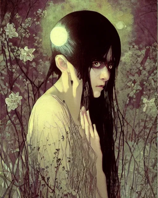 Image similar to a beautiful but creepy young woman in layers of fear, with haunted eyes, violence in her eyes, crazy white hair, wearing a punk outfit, 1 9 7 0 s, seventies, delicate embellishments, a little blood, woodland, moonlight shining on wildflowers, painterly, offset printing technique, by alexandre cabanel