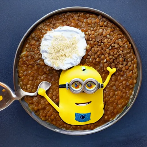 Image similar to minion eating a dish of hot lentils with grated cheese on top, in a poorly ventilated party flash photography