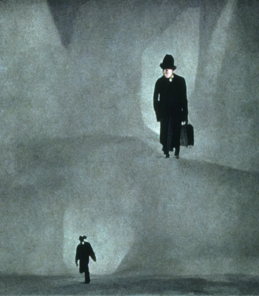 Image similar to high quality high definition colorized movie still from Cabinet of Doctor Caligari: a lonely ghost walking alone at night in the woods, high quality silent movie, iridescent color palette