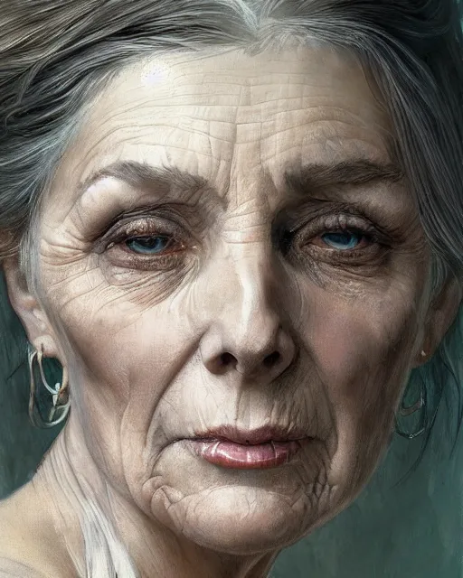 Image similar to portrait 6 0 - year - old woman, tall, severe - looking, with dark hair tied up in a bun, hyper realistic face, beautiful eyes, fantasy art, in the style of greg rutkowski, intricate, alphonse mucha, hyper detailed, smooth