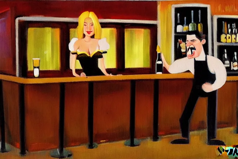 Prompt: a drunken bottle of beer stands a bar yelling at the bar tender, art by dean macadam