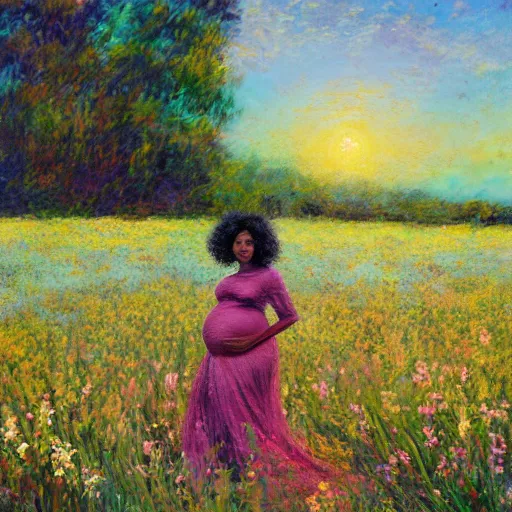 Image similar to pregnant black woman with curly hair in a vast field of flowers, laying down, a tiny black puppy running around, golden hour, vintage, impressionist painting, fine art, oil painting, dreamy, pastel, laughing, happy, intricate details, sharp, peaceful, serene