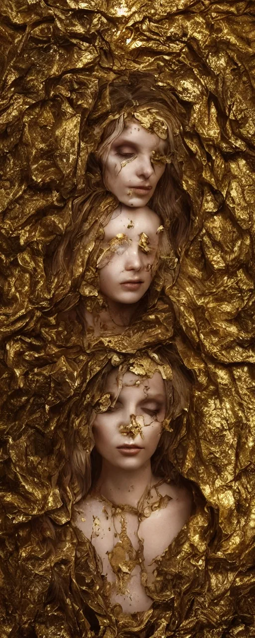 Prompt: portrait photo of a surreal goddess floating in the middle of a ancient wood, gold raining in the background, ultra super good realistic 3D render by Pete Morbacher and Emil Melmoth, insanely detailed, trending on artstation, sharp focus