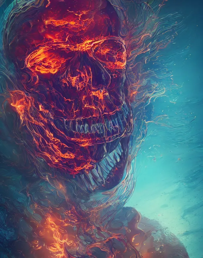 Prompt: human skull jellyfish butterfly phoenix head. burning water. intricate artwork by Tooth Wu and wlop and beeple and dan mumford and greg rutkowski. octane render, cinematic, hyper realism, octane render, 8k, depth of field, bokeh. iridescent accents