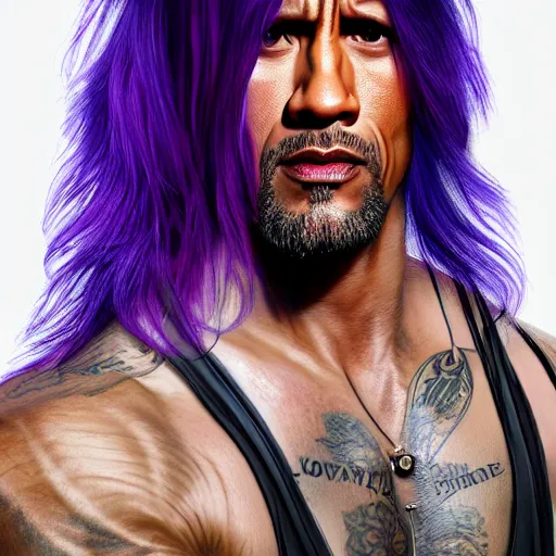 Prompt: Dwayne Johnson with long purple hair, 4k, 8k, trending on artstation, artstationHD, artstationHQ, photorealistic imagery