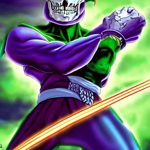 Image similar to portrait painting of skeletor as piccolo, art by akira toriyama, 4 k, dragon ball artstyle, cel shaded, highly detailed, epic lighting