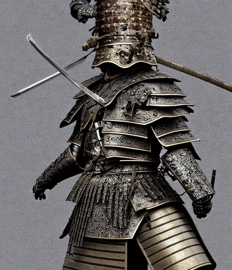 Image similar to detailed photorealistic ancient japanese samurai warrior soldier ⚔ 🪖 ⛩ with traditional japanese engravings and ornamentation on armour and weapons, and shining metallic 3 d surfaces, japanese calligraphy, wide angle, 3 d