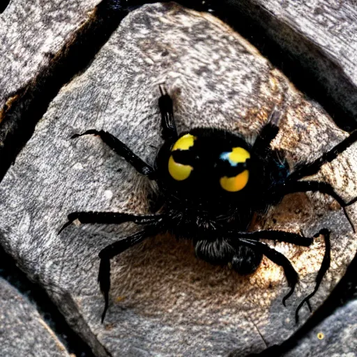 Image similar to owl mixed with black widow spider, hybrid creature, macro lens, bokeh, kodak color film stock