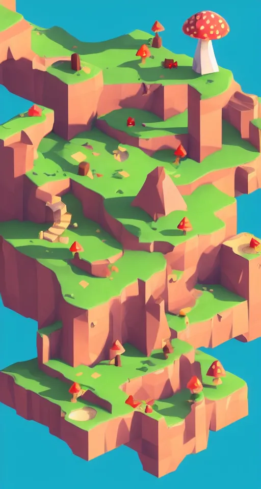 Prompt: a cute little matte low poly isometric mushroom island, lat lighting, trending on artstation, 3d render, monument valley, fez video game,