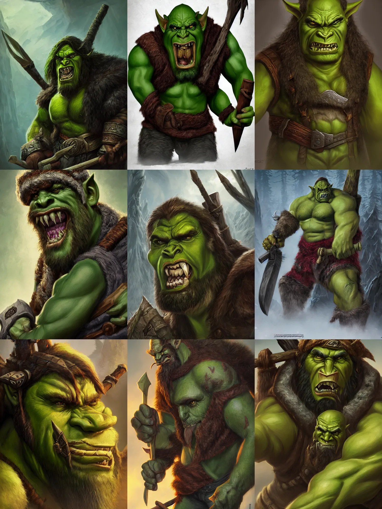 Prompt: thrall green orc, portrait, lumberjack outfit, axe, angry, big eyebrows, blizzard entertainment, highly detailed, digital matte painting, by midjourney
