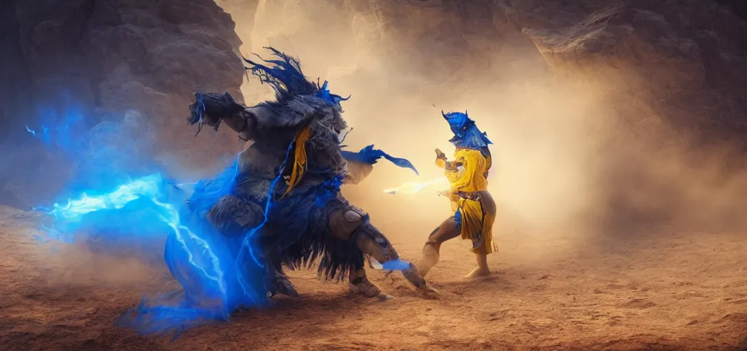 Image similar to a warrior in blue and yellow robes fighting a beast in a desert, detailed face, luminescent eyes, sunny weather, rendered in octane, realistic, 8 k, vivid, intricate, detailed, mist, fog, dramatic light