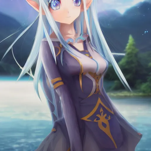 Image similar to a very beautiful anime elf girl, full body, long straight silver hair, sky blue eyes pointy ears, full round face, short smile, casual clothes, ice snowy lake setting, cinematic lightning, medium shot, mid-shot, highly detailed, trending on Artstation, Unreal Engine 4k, cinematic wallpaper by Stanley Artgerm Lau, WLOP, Rossdraws, James Jean, Andrei Riabovitchev, Marc Simonetti, and Sakimichan