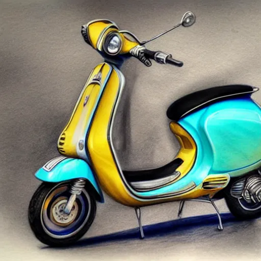 Prompt: hyper realistic pencil drawing of a turquoise vespa moped, loose water color, detailed, rim light, diffused, intricate, by anna dittmann,