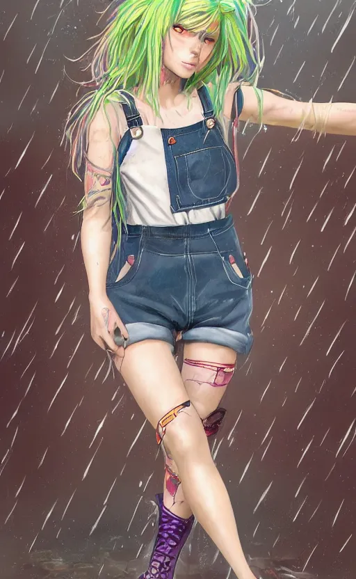 Prompt: Full body, cute flirty grungy woman with rainbow hair, soft eyes and narrow chin, fit dainty figure, long hair straight down, torn overalls, short shorts, fishnet stockings, combat boots, basic white background, side boob, in the rain, wet shirt, style by Jordan Grimmer and greg rutkowski, crisp lines and color,