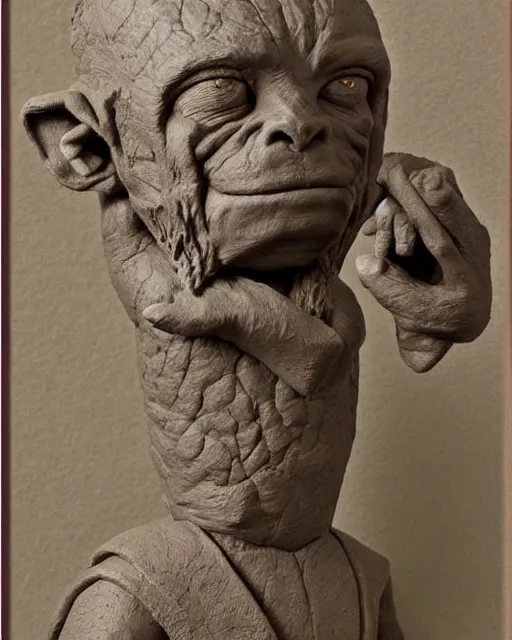 Image similar to 'a history textbook page describing a picture of a clay sculpture of a goblin', clay sculpture, photograph, zoomed out, trending on tumblr, textbook page