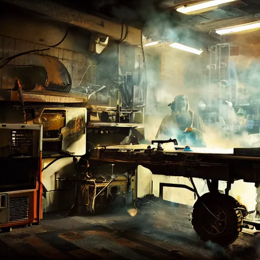 Prompt: cyborg toaster oven repairman, dark messy smoke - filled cluttered workshop, dark, dramatic lighting, orange tint, sparks, plasma rays, cinematic, highly detailed, sci - fi, futuristic, movie still, rule of thirds composition