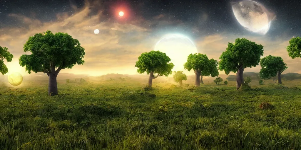 Prompt: digital art, trending on artstation, the sky of an alternate earth with 3 suns and a moon, with a large green meadow, baobab trees and uninhabited alien houses.