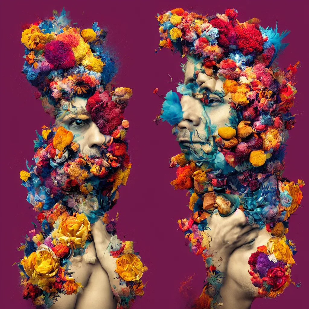 Image similar to an album cover of a man with a strange hat on his head by Alberto Seveso, behance contest winner, award winning, masterpiece, pop surrealism, made of flowers, surrealist-H 1024