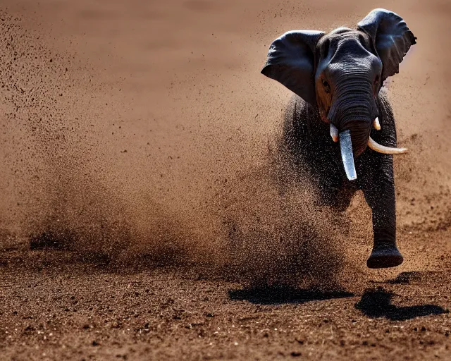 Prompt: action photography, viewed from far away, award winning macro photo of a tiny ultra detailed muddy elephant running fast in desert sand, dirt and dust, fast shutter speed, motion blur, tiny gaussian blur, highly detailed, highly intricate, depth of field, national geographic