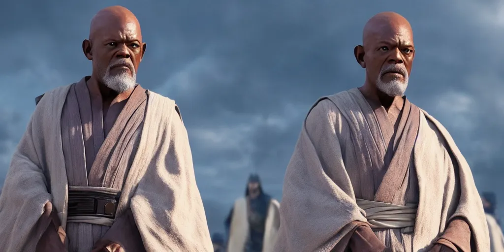 Image similar to obi - wan kenobi disney plus show, old mace windu played by samuel l jackson, standing alone, accurate ultra realistic faces, 4 k, movie still, uhd, sharp, detailed, cinematic, render, modern