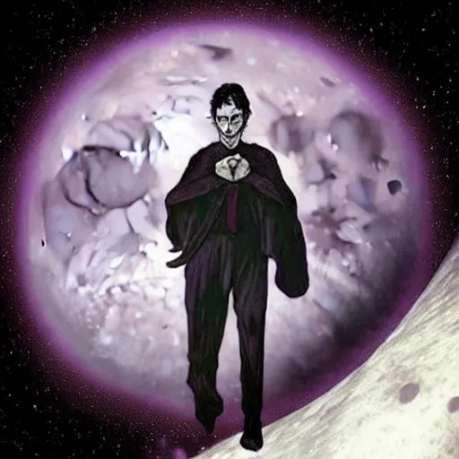 Image similar to a guy with purple eyes, completely dark aura, with black. magic powers, he's on the moon