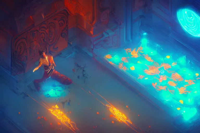 Prompt: wide ((wide)) photo of beautiful Jesse Faden (((dynamic neon lighting)) in solar temple with glowing birds, elegant, highly detailed, sharp focus, illustration, beautiful, geometric, trending on artstation, battlefield, cinematic, artwork by Tran, Ross and Aivazovsky, Ivan