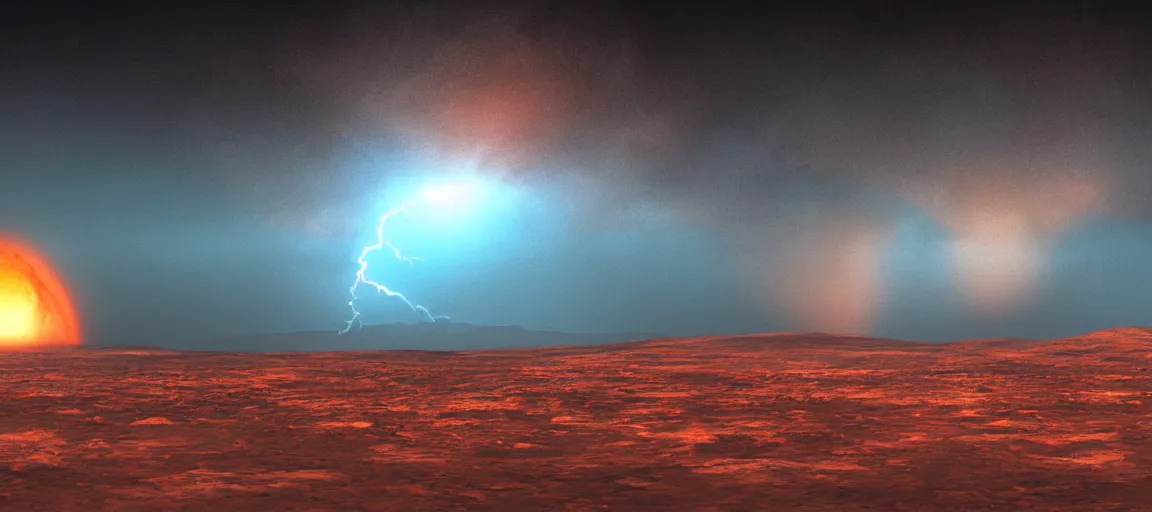 Prompt: wide shot of a Massive nuclear explosion on the the surface of Mars by Gustav Doré, dynamic lighting,volumetric lightning, warm colors, 8k resolution, in the style of 3d matte painting, cgsociety, octane render