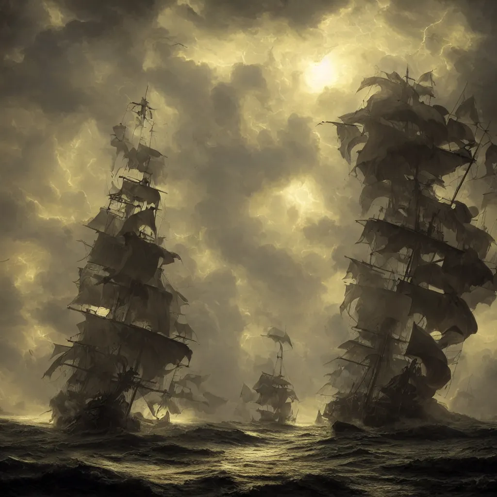 Image similar to pirate ship in a storm, hurricane, fantasy epic legends stylized digital illustration radiating a glowing aura illumination ray tracing hdr fanart arstation, 8 k, art by greg rutkowski, ultra detailed