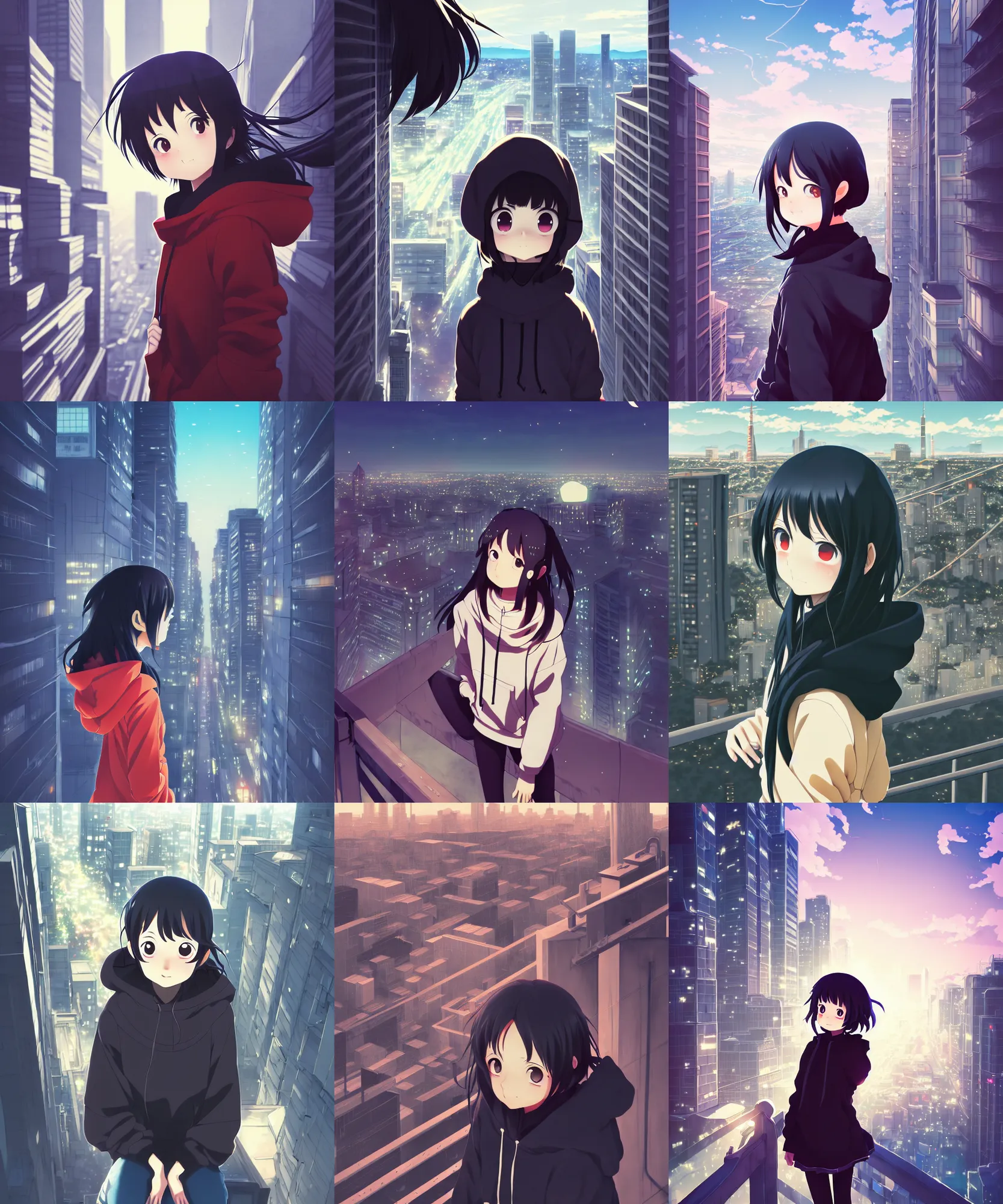 Prompt: anime visual, portrait of a young black haired girl wearing hoodie sightseeing above the urban city, guardrail, cute face by yoh yoshinari, katsura masakazu, dramatic lighting, dynamic pose, dynamic perspective, strong silhouette, ilya kuvshinov, moody, detailed