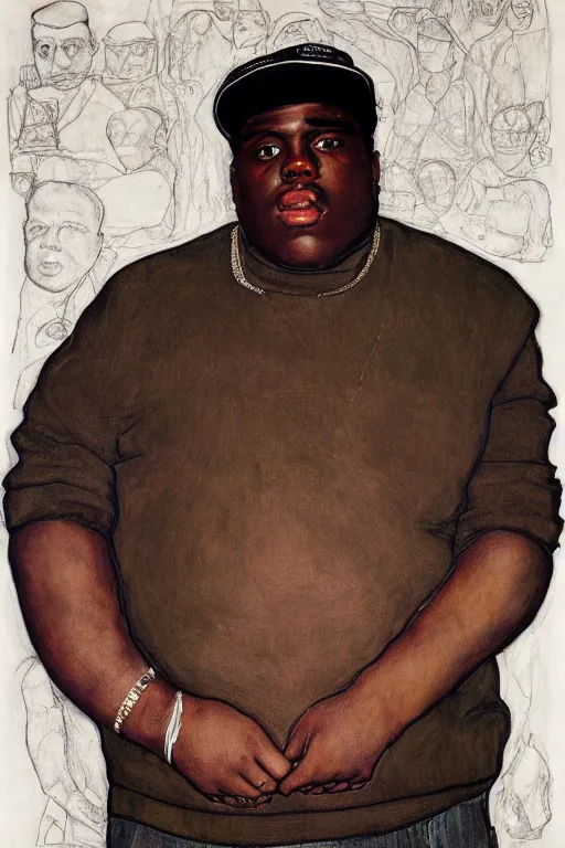 Prompt: a portrait of biggie smalls holding a mic in a hand by egon schiele, masterpiece, hyperdetailed, complex, intricate, old school, 9 0 s, 4 k, trending on artstation