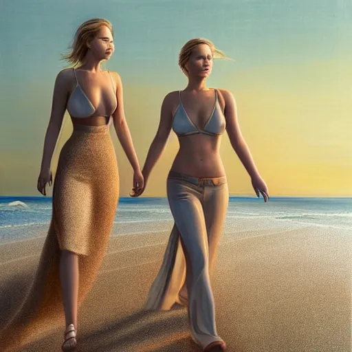 Image similar to beautiful serene intricate portrait of jennifer lawrence and jennifer lawrence, walking togetheron the beach, golden hour, soft focus, 8 k, art by irakli nadar, hyperrealism, hyperdetailed, ultra realistic