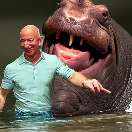 Image similar to Jeff Bezos being eaten by a hippopotamus