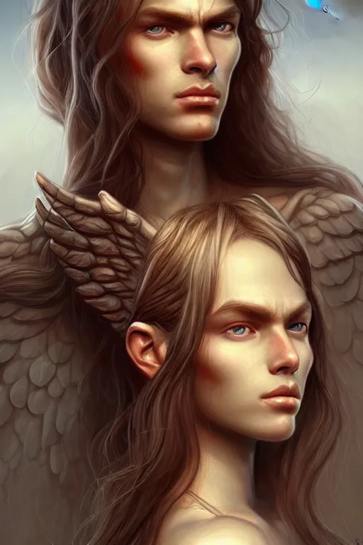 Image similar to Nearthendahl man angels, primitive facial features, fantasy, long hair, highly detailed, digital painting, artstation, concept art, smooth, sharp focus, illustration, art by artgerm and manara