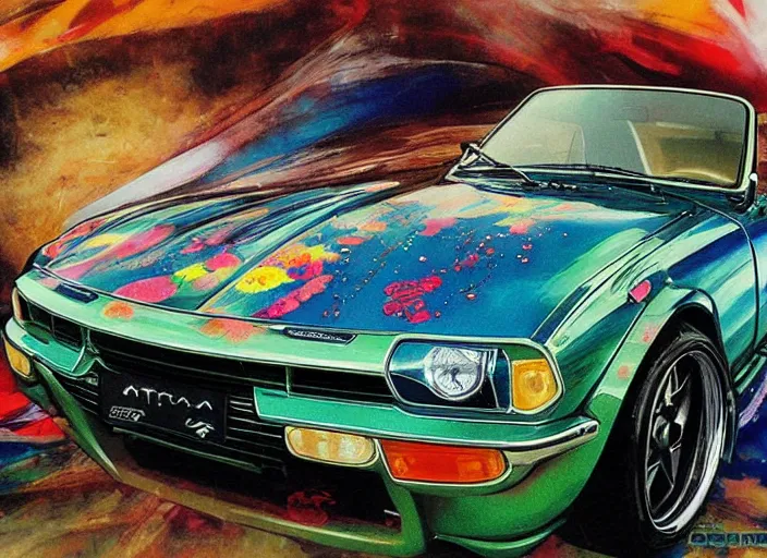 Image similar to beautiful yoshitaka amano art of a datsun fairlady roadster detailed painting