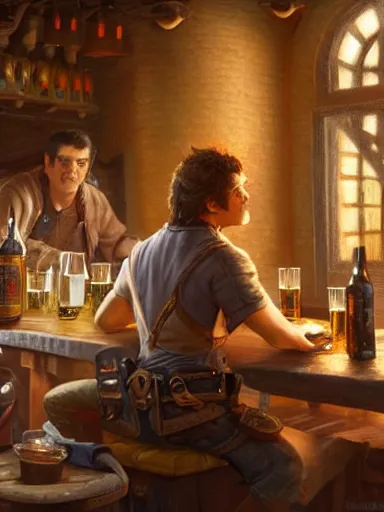 Image similar to a young handsome guy, drinking beer in a tavern. intricate, elegant, highly detailed, digital painting, artstation, concept art, sharp focus, illustration, by justin gerard and artgerm, 8 k