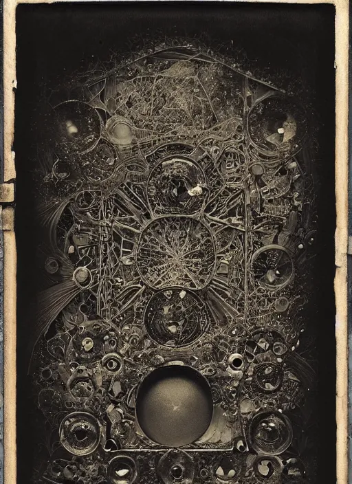 Image similar to old wetplate daguerreotype the opening of pandora's box, explosion of data fragments, fractal, intricate, elegant, highly detailed, parallax, leica, medium format, subsurface scattering, by jheronimus bosch and greg rutkowski and louis jacques mande daguerre