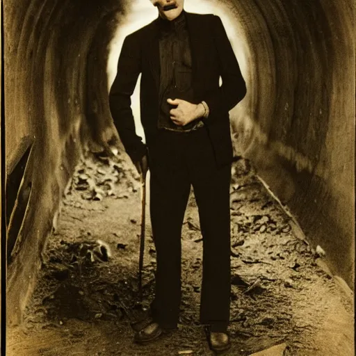 Prompt: daguerrotype of a slim handsome middle-aged vampire in white shirt and black pants with large black bat wings standing in an abandoned English underground tunnel, atmospheric,