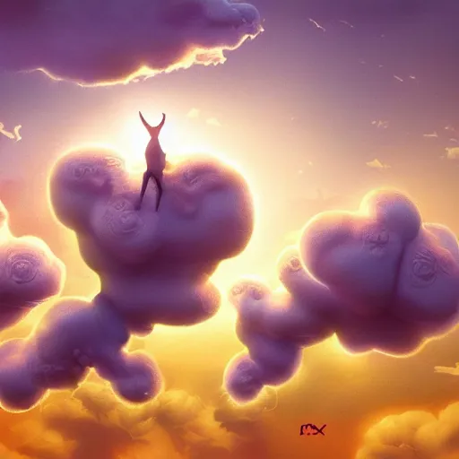 Image similar to puma puffy clouds, james jean style, vfx art, unreal engine render, claymation style, colourful, volumetric light, digital painting, digital illustration, dramatic light,