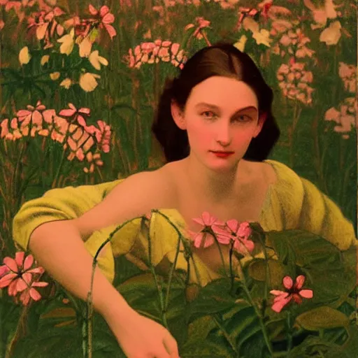 Image similar to a lot of flowers morphing in a beautiful girls face, film still by wes anderson, depicted by balthus, limited color palette, very intricate, art nouveau, highly detailed, lights by hopper, soft pastel colors, minimalist