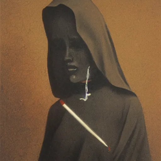 Image similar to a young black nun smoking and puffing lots of smoke, minimalistic background, by Beksinski