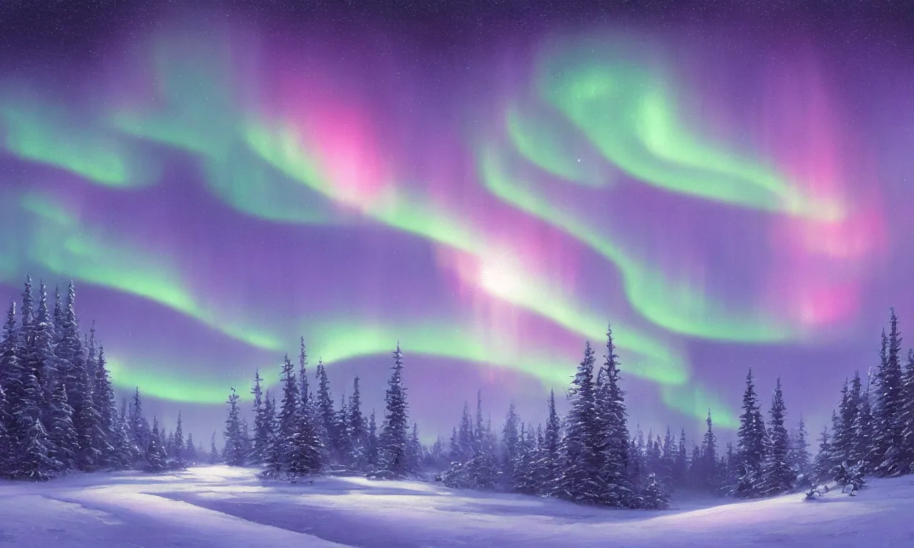 Prompt: a beautiful and detailed digital painting of a snowy iridescent aurora landscape at night with northern lights in the sky, art by andreas rocha and martin johnson heade, trending on artstation