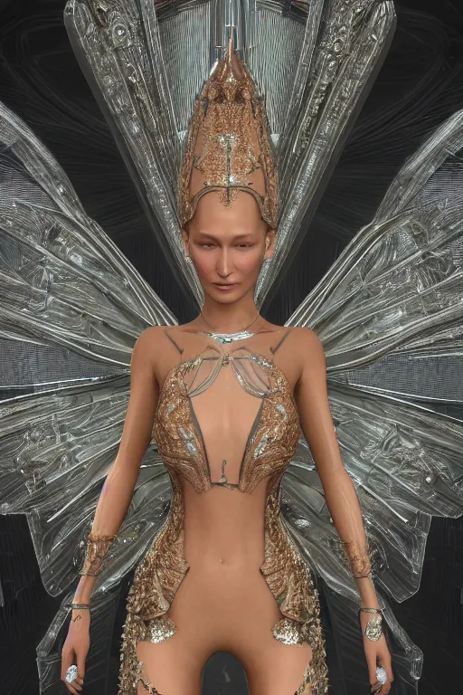 Image similar to a highly detailed metahuman 4 k render close up of a divine alien goddess bella hadid in iris van herpen dress schiaparelli in diamonds swarovski and jewelry in style of alphonse mucha trending on artstation made in unreal engine 4