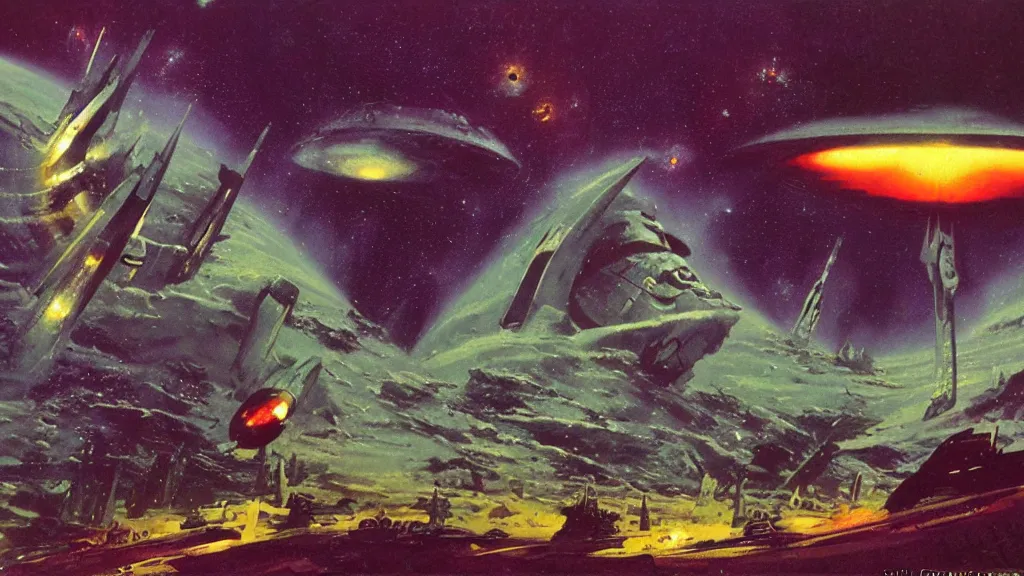 Prompt: spaceship design by paul lehr and jack gaughan and john schoenherr, epic cinematic matte painting