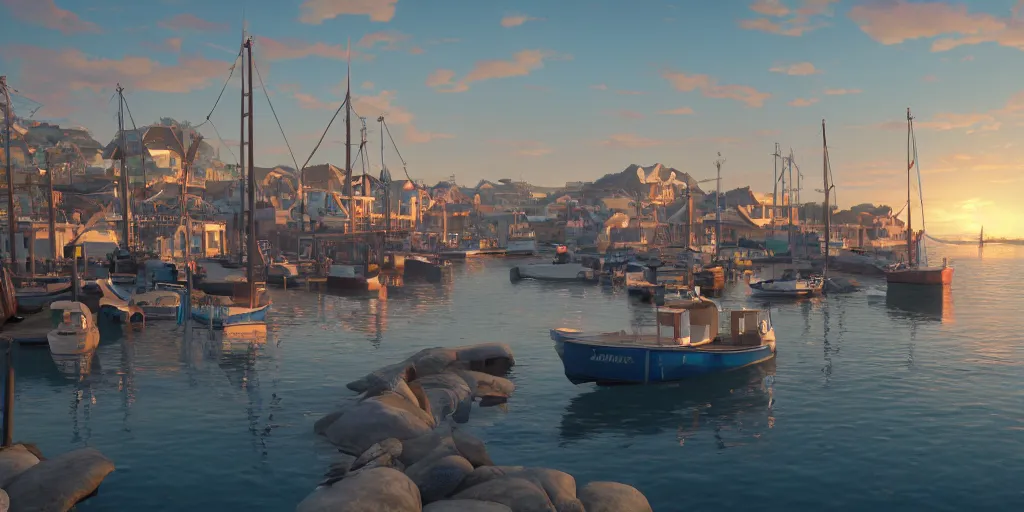 Image similar to a film still of fishing harbour in a small South African seaside town of Paternoster, medium shot, waist up, studio Ghibli, Pixar, Disney and GOBELINS animation, painterly, Rendered in Unreal Engine 5, anime key art by Greg Rutkowski, Bloom, sunrise dramatic lighting